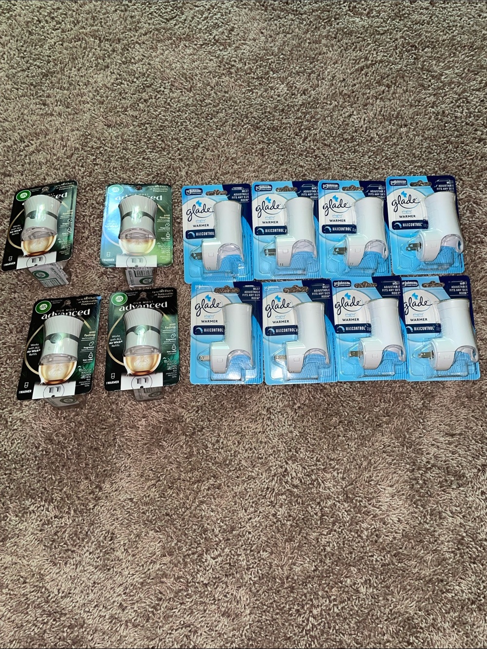 New 8Glade Plug-In Warmers in White and Blue Packaging and 4 Air Wick warmers